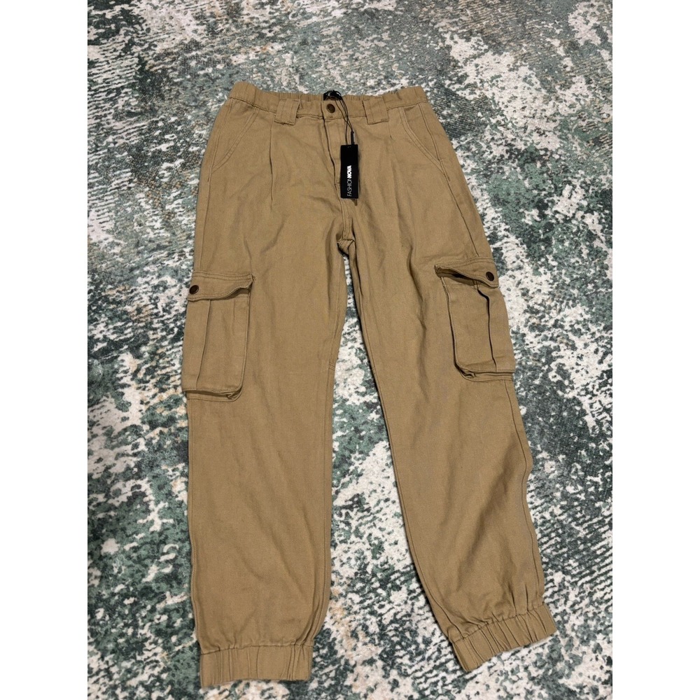 Fashion Nova Leslie Cargo Joggers Women's L Beige Elastic Waist NWT